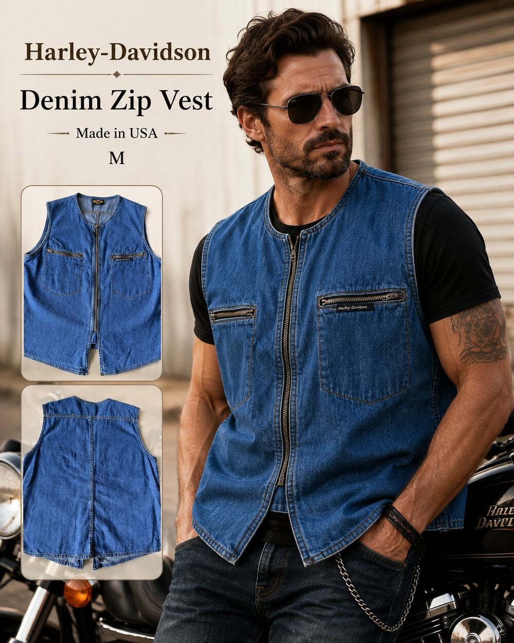 Men’s Harley-Davidson Denim Zip Vest Size M Made in USA